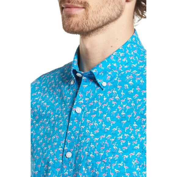 NWT Bonobos Blue with Tiny Pink & White Flamingos Button Shirt XL - Picture 3 of 16